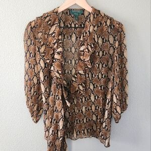 Lauren Ralph Lauren 100% Silk Wrap Blouse Size Large Snake Print Sheer Ruffle